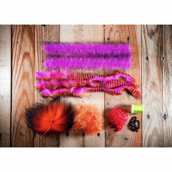 Fly tying kit contents chartreuse thread and hot pink chenille