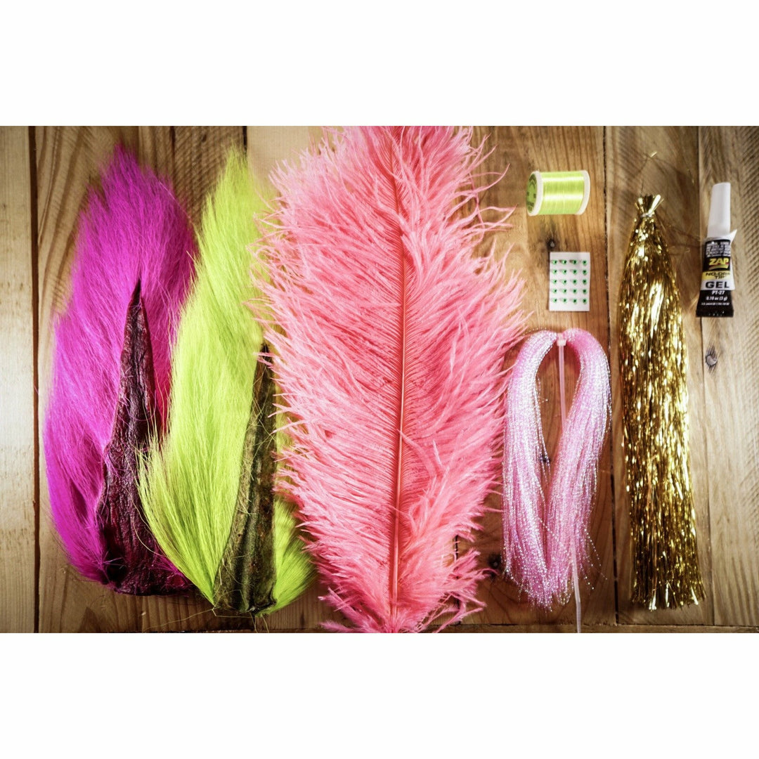 NDCver DIY Electric Chicken fly tying kit with chartreuse bucktail, fuchsia ostrich plumes, and UV shrimp eyes