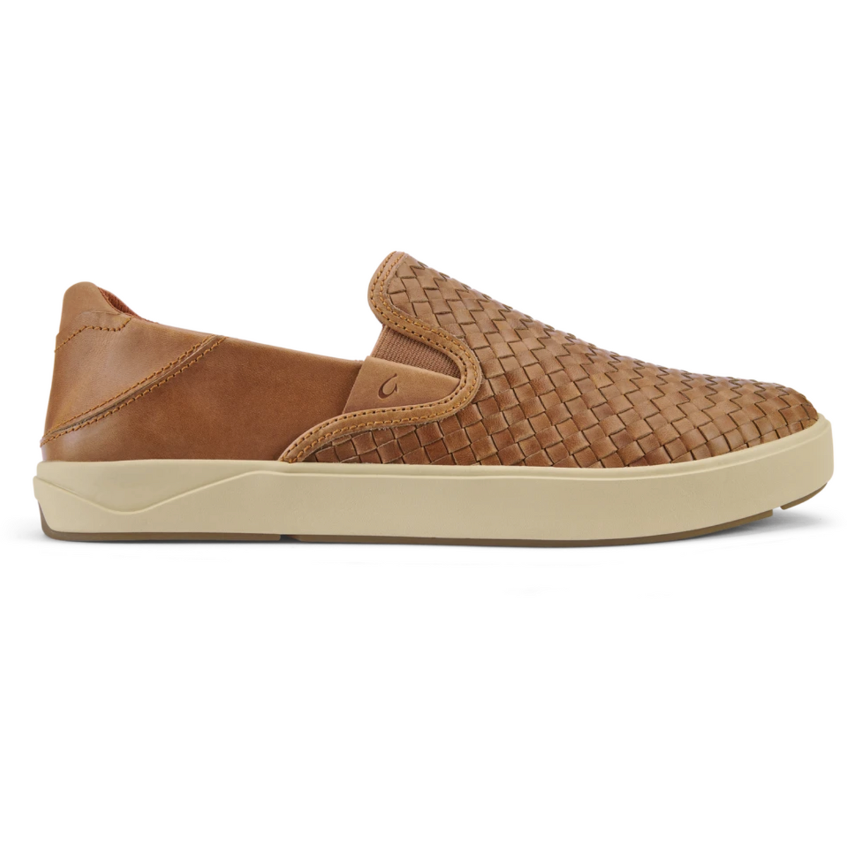 Tan OluKai Lae'Ahi slip-on shoe side view highlighting smooth leather heel and cream midsole