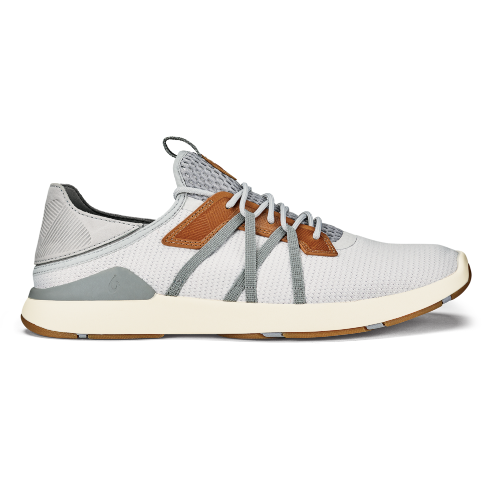 Olukai Mio Lī white and grey athletic shoe side view