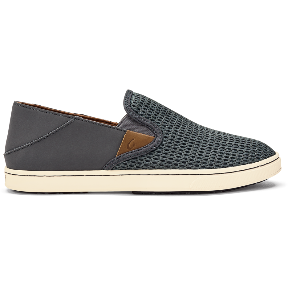 Olukai Pehuea charcoal grey slip-on sneaker with breathable mesh and elastic collar