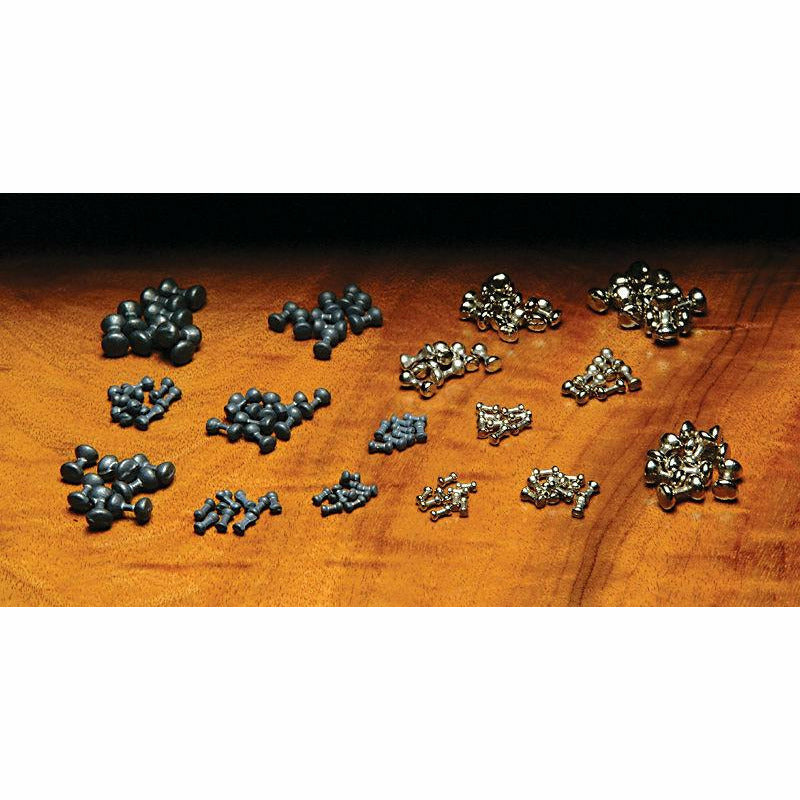 Assorted plain lead dumbbell eyes for fly tying in matte grey, silver, and metallic finishes