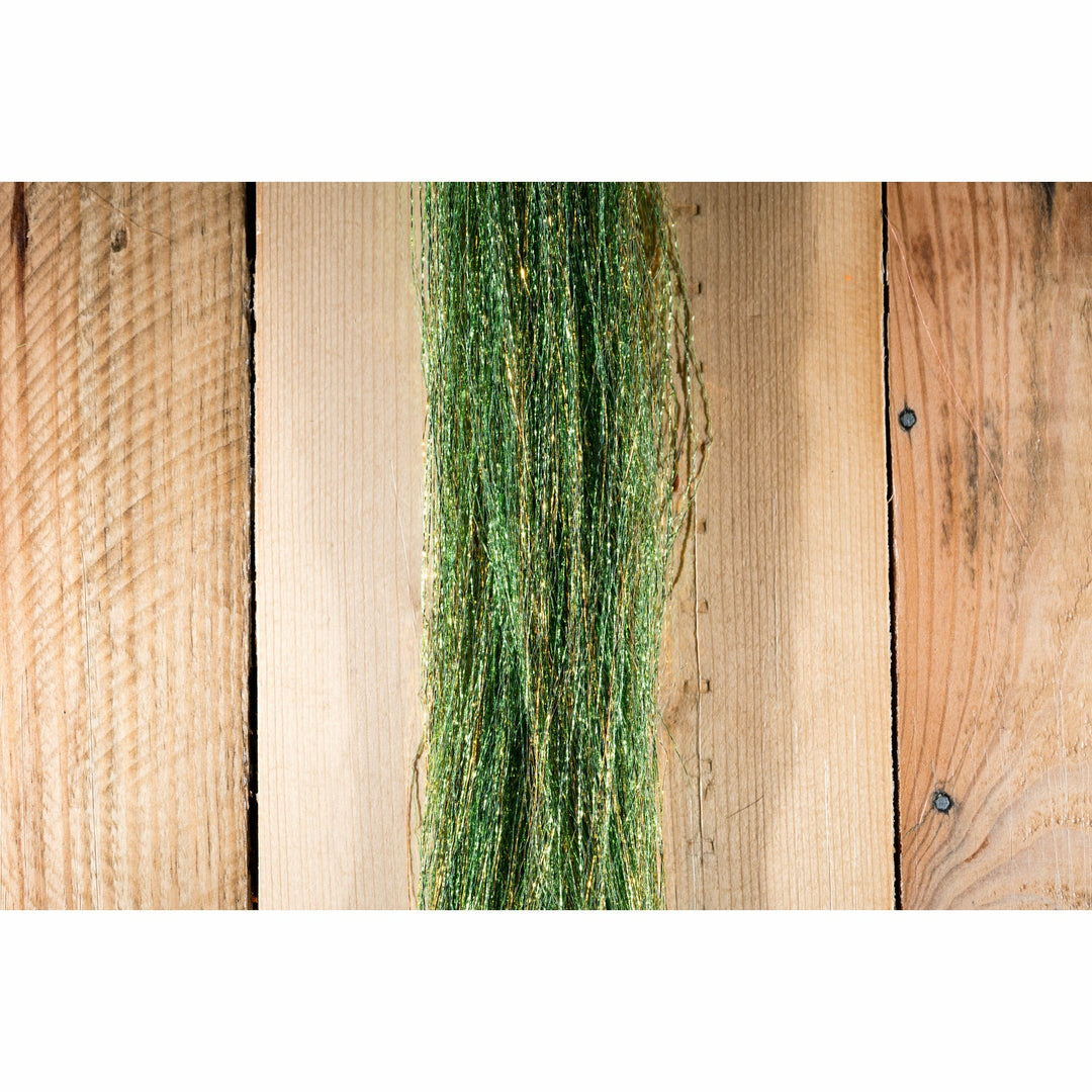 Hareline Dubbin Polar Flash chartreuse synthetic fly tying material with metallic gold flecks