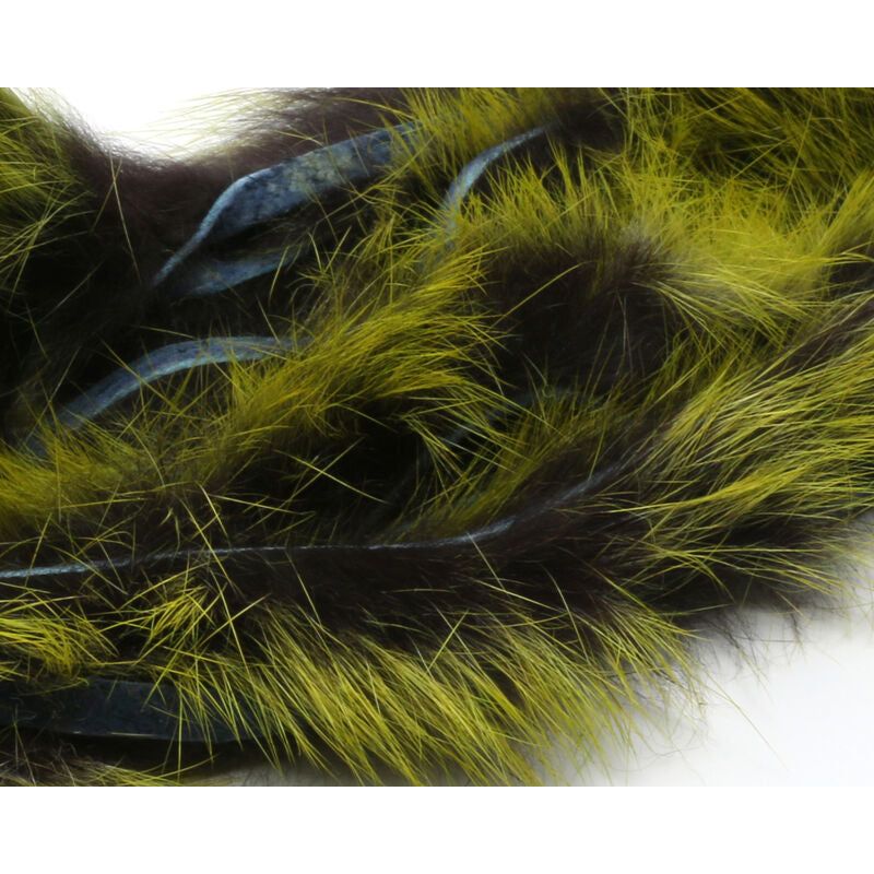 Hareline Dubbing tri-color rabbit strip fly tying material with chartreuse and brown fur on blue-grey hide