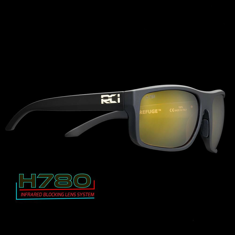 RCI Optics Refuge sunglasses with dark grey frame and gold H780 infrared blocking mirrored lenses
