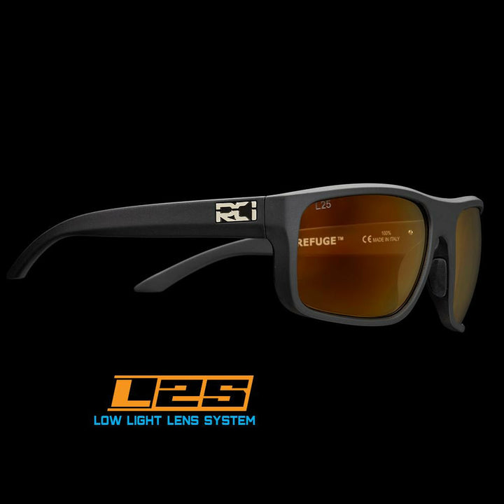 RCI Optics Refuge sunglasses with matte grey frame and L25 amber low light polarized lenses