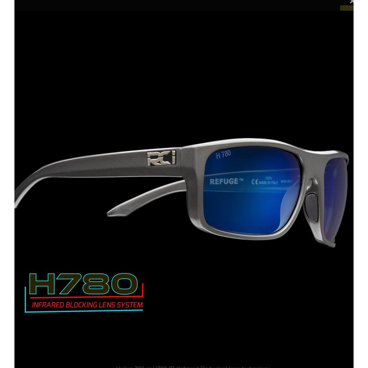 RCI Optics Refuge tactical sunglasses featuring gunmetal frame and H780 blue infrared blocking mirror lens