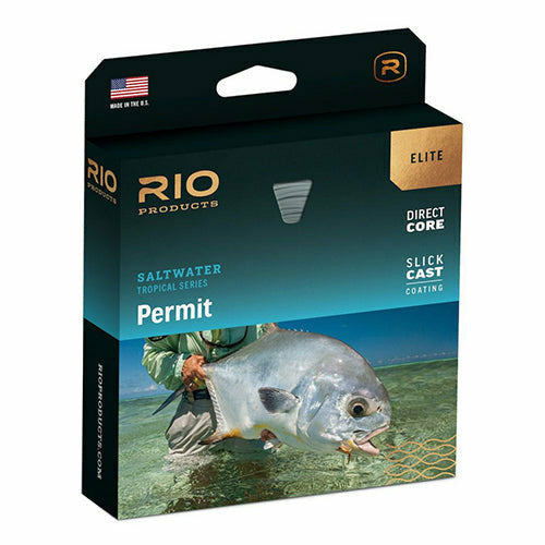 RIO Elite Permit saltwater fly line packaging showing Direct Core and Slick Cast features