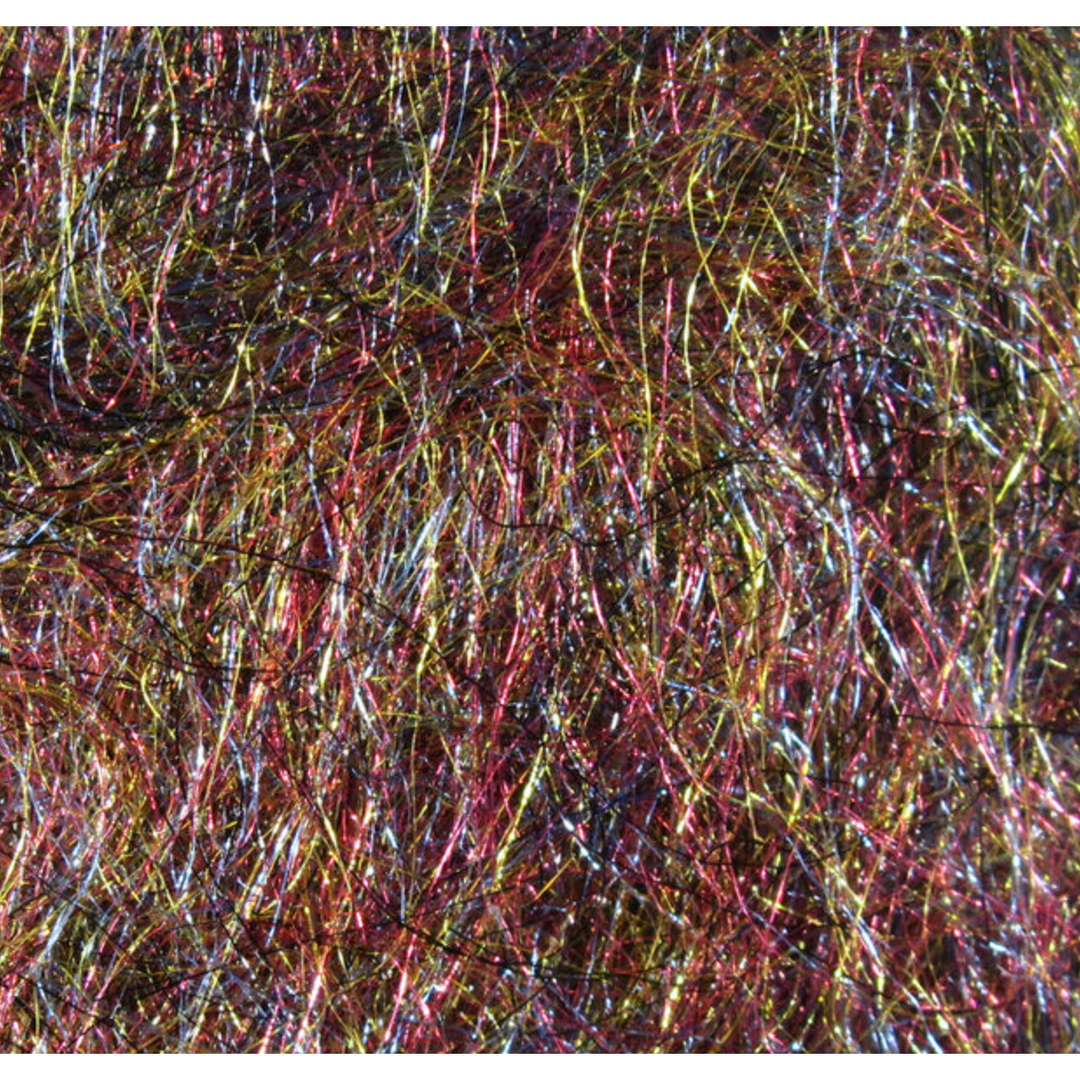 Hareline Rainbow Scud Dubbing synthetic fly tying material with iridescent magenta, gold, and blue fibers