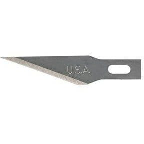 Gray metal razor knife replacement blade with serrated edge and oval mounting hole
