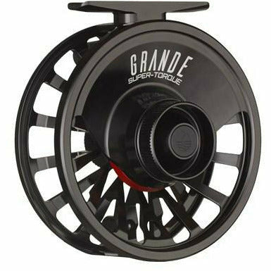Black Redington Grande fly reel with red drag knob accent