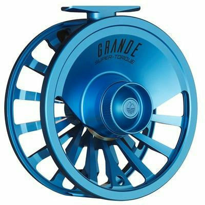Marine blue Redington Grande fly reel side profile view