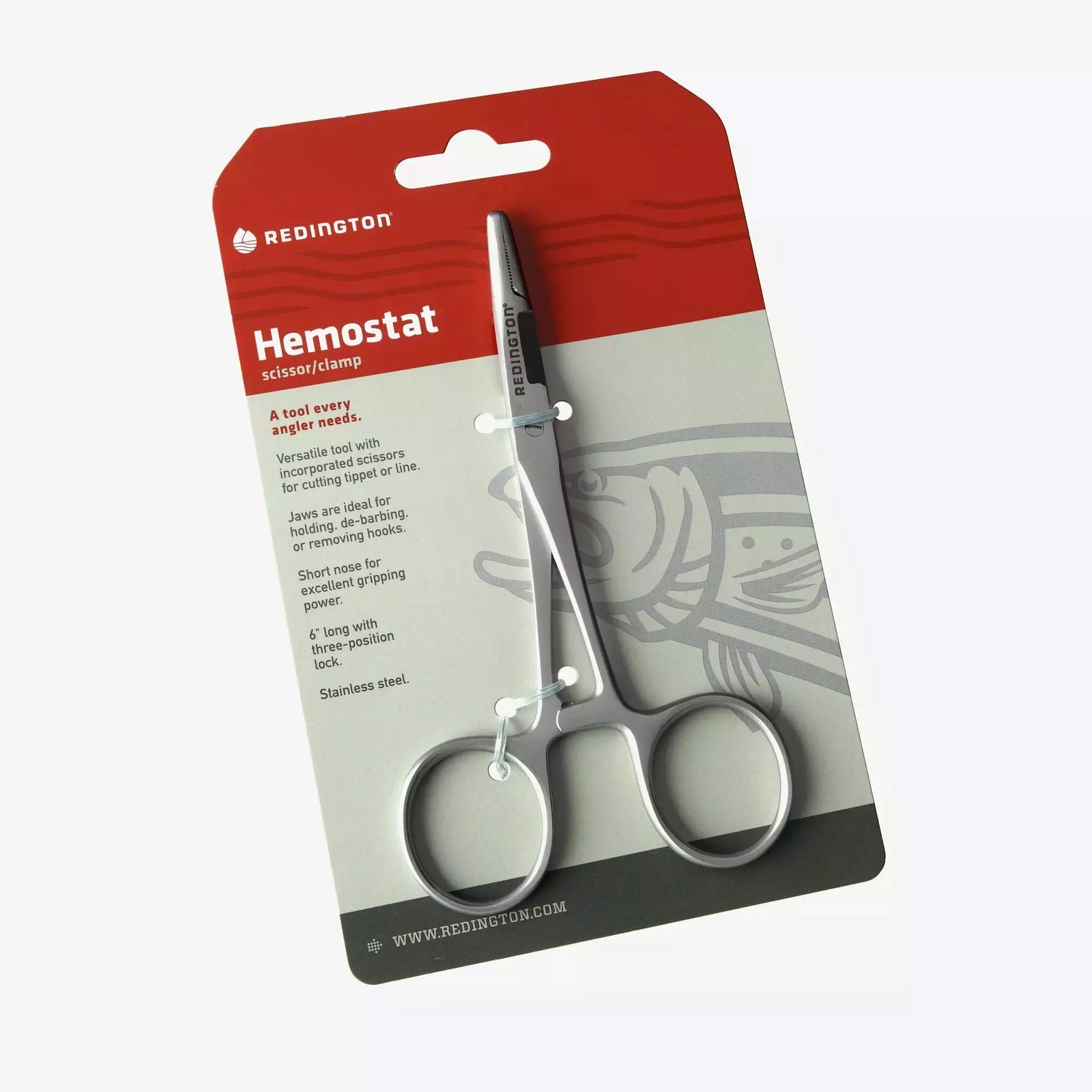 Redington Hemostat with Scissors in stainless steel, packaged for anglers