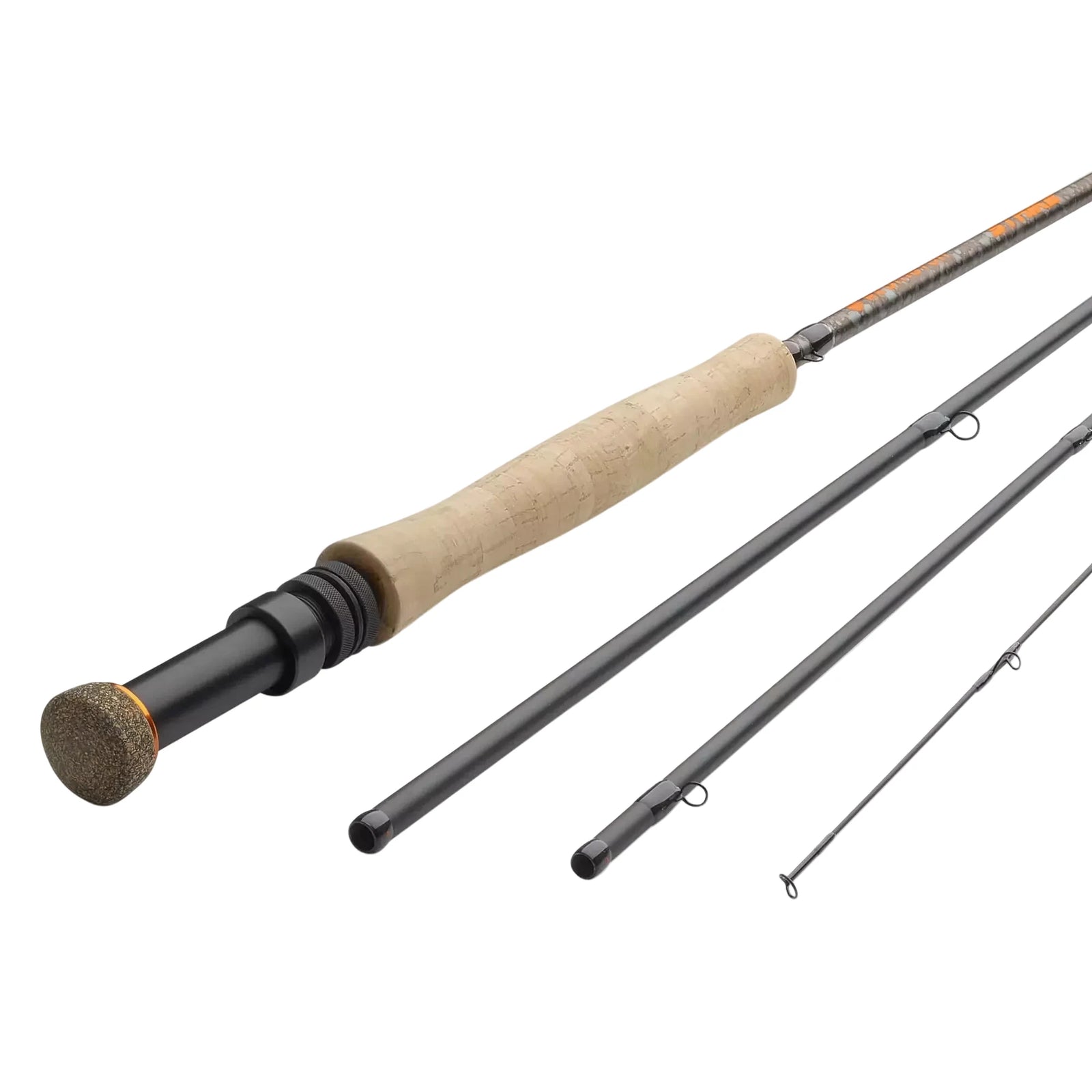Redington Strike V2 disassembled four-piece fly rod with cork handle and camo blank
