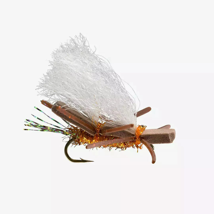 Rio Chubby Chernobyl dry fly showing orange-gold metallic thread on brown body