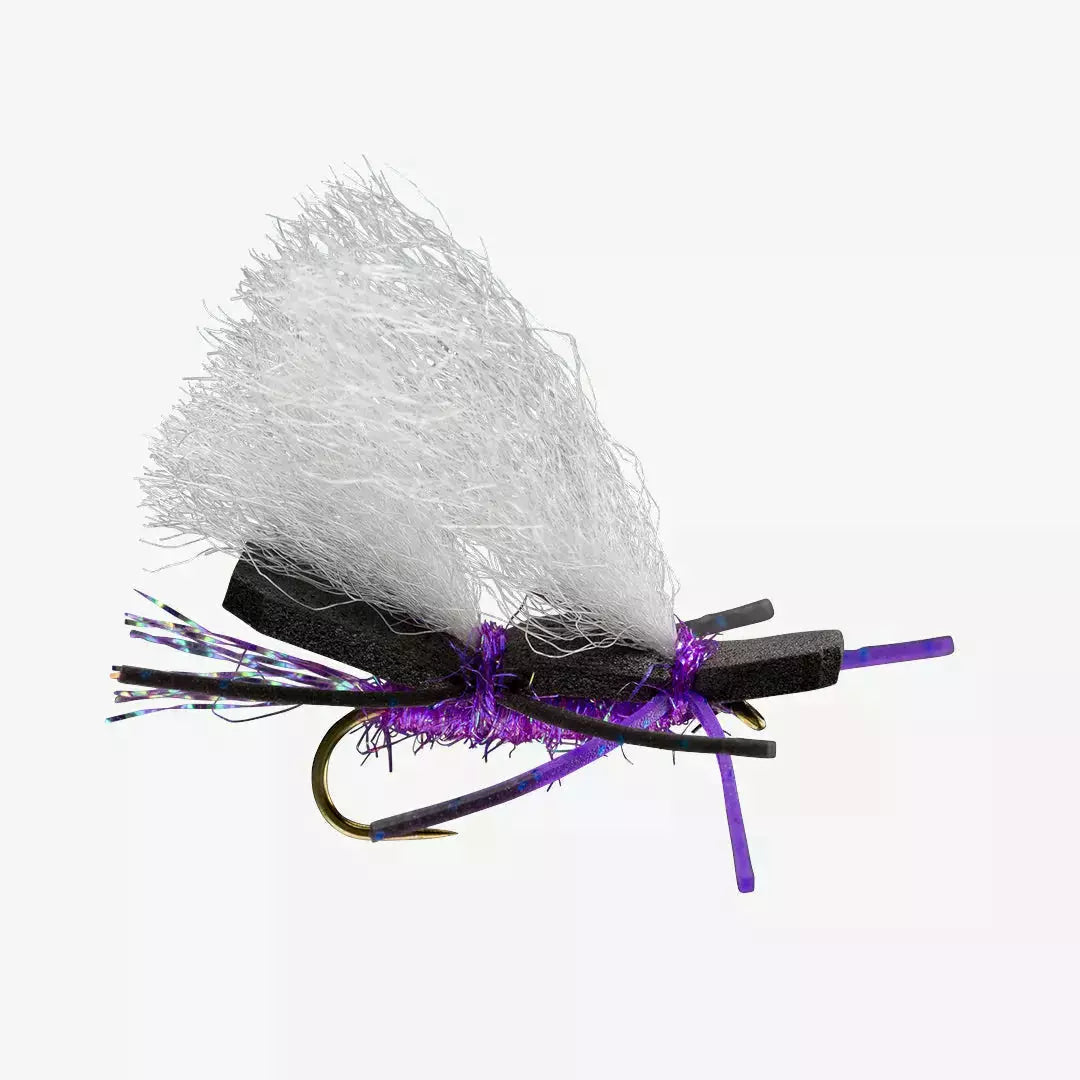 Rio Chubby Chernobyl dry fly with black foam body and purple metallic thread