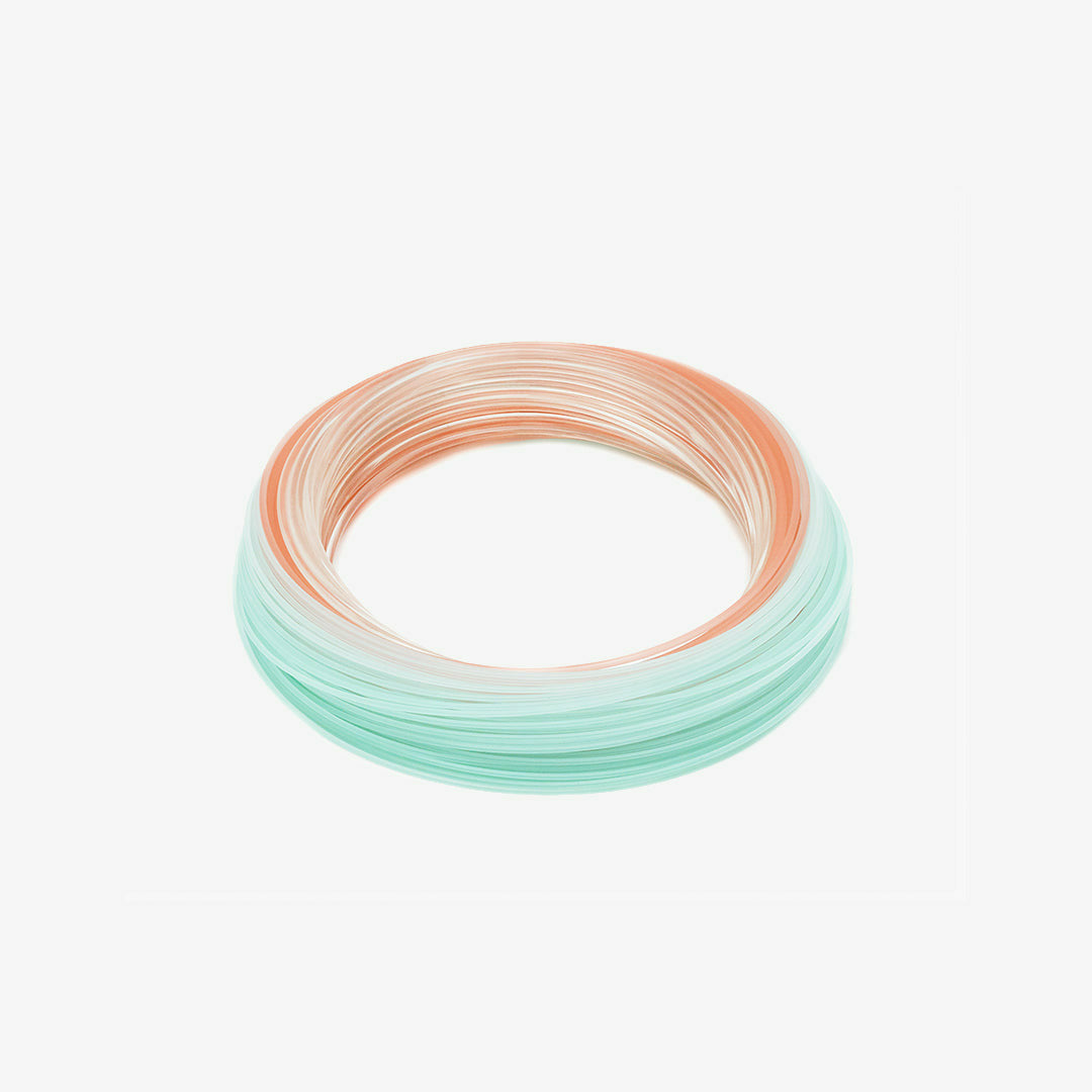 Coiled Rio Elite Flats Pro fly line showing aqua and orange color gradient
