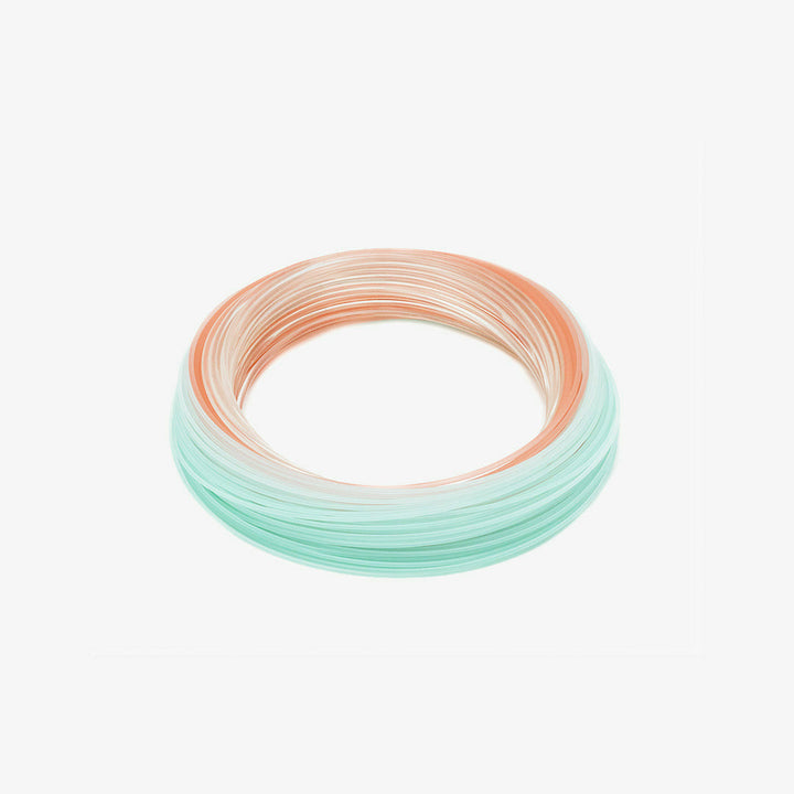 Coiled Rio Elite Flats Pro fly line showing aqua and orange color gradient