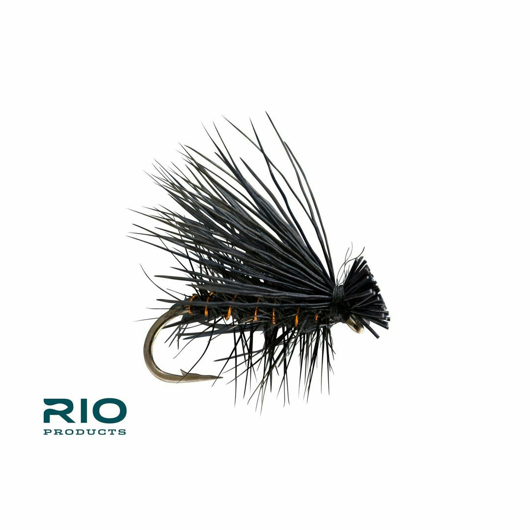 Black Rio Elk Hair Caddis dry fly with orange thread accents and silver hook