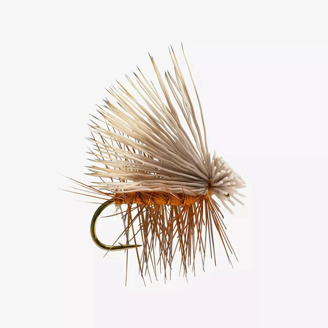 Close-up of Rio Elk Hair Caddis showing bright orange parachute post wing