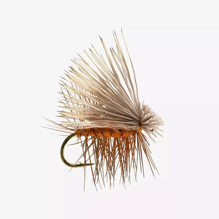 Close-up of Rio Elk Hair Caddis showing bright orange parachute post wing
