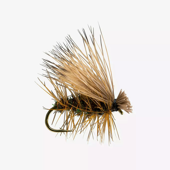 Rio Elk Hair Caddis dry fly with iridescent green body wrapping details