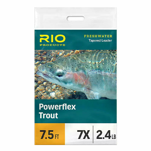 Close-up of Rio Powerflex Trout Leader box highlighting 7.5ft length and 7X tippet size