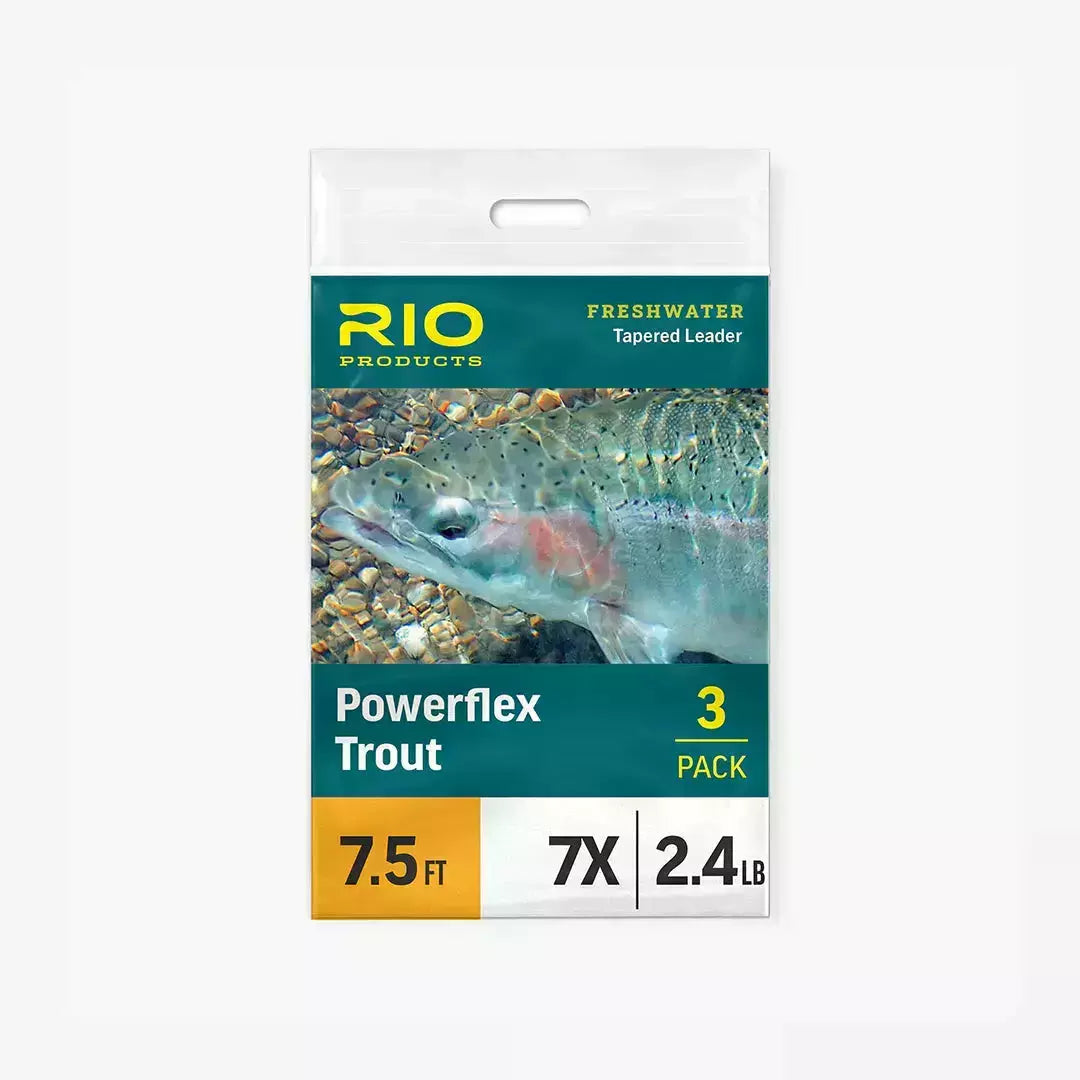 Rio Powerflex Trout Leader 3-pack packaging featuring trout image and 7.5ft 7X specs