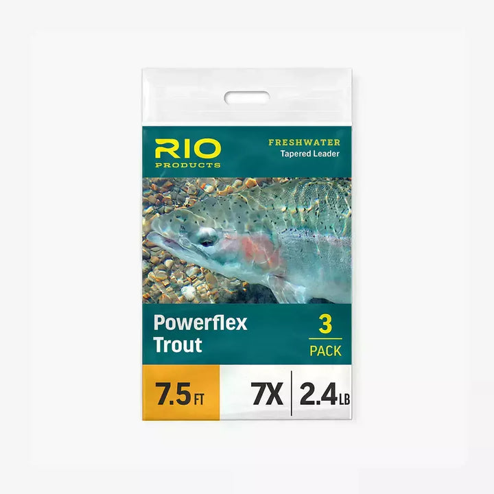 Rio Powerflex Trout Leader 3-pack packaging featuring trout image and 7.5ft 7X specs