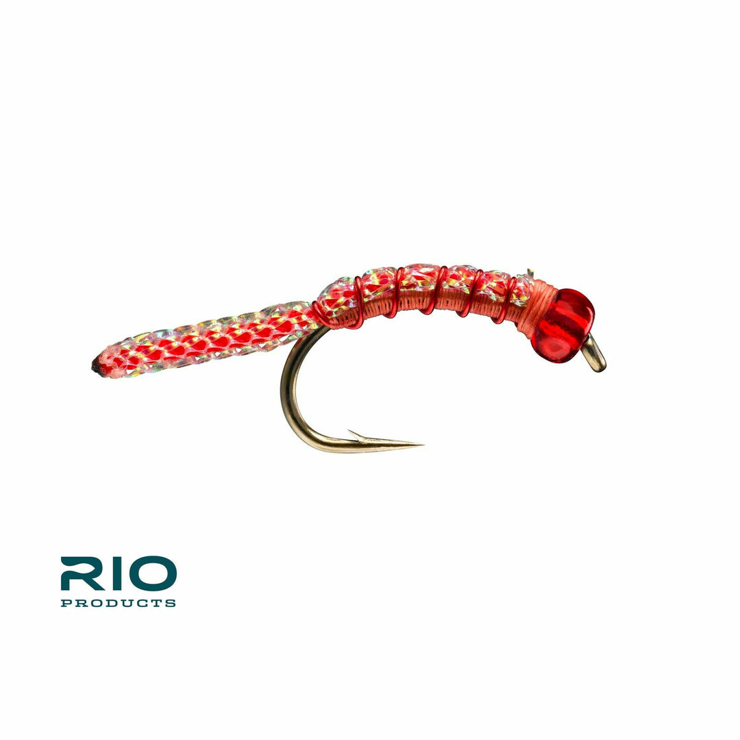 Red and clear braided Rio Red Hot Worm fly