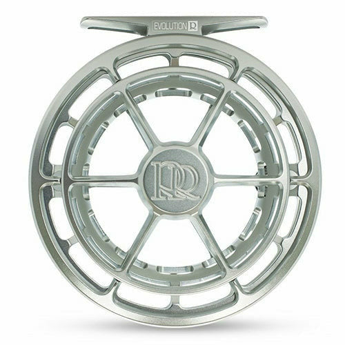 Ross Evolution R silver fly reel front view featuring six-spoke open frame and engraved RR logo on cap