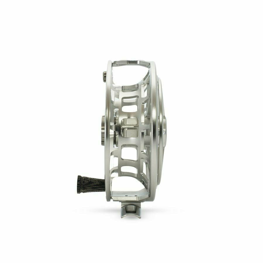 Ross Evolution R fly reel side profile showing silver aluminum open-frame design and black textured handle