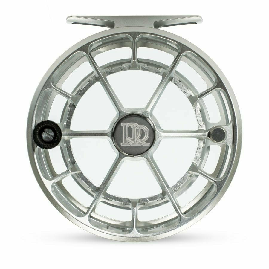 Ross Evolution R silver fly reel detail shot highlighting six-spoke skeletonized frame and central RR logo