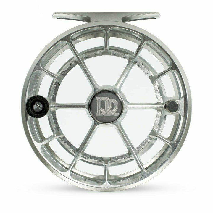 Ross Evolution R silver fly reel detail shot highlighting six-spoke skeletonized frame and central RR logo