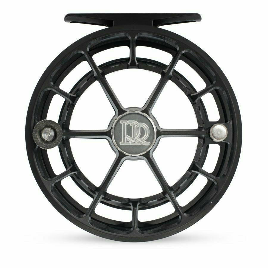 Ross Evolution R matte black fly reel front view with skeletal frame, RR logo medallion, and carbon drag knob