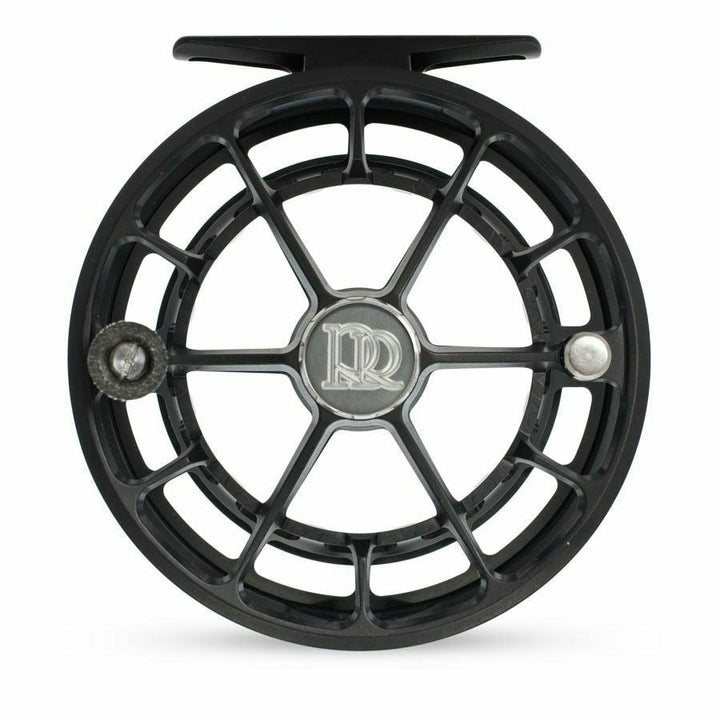 Ross Evolution R matte black fly reel front view with skeletal frame, RR logo medallion, and carbon drag knob