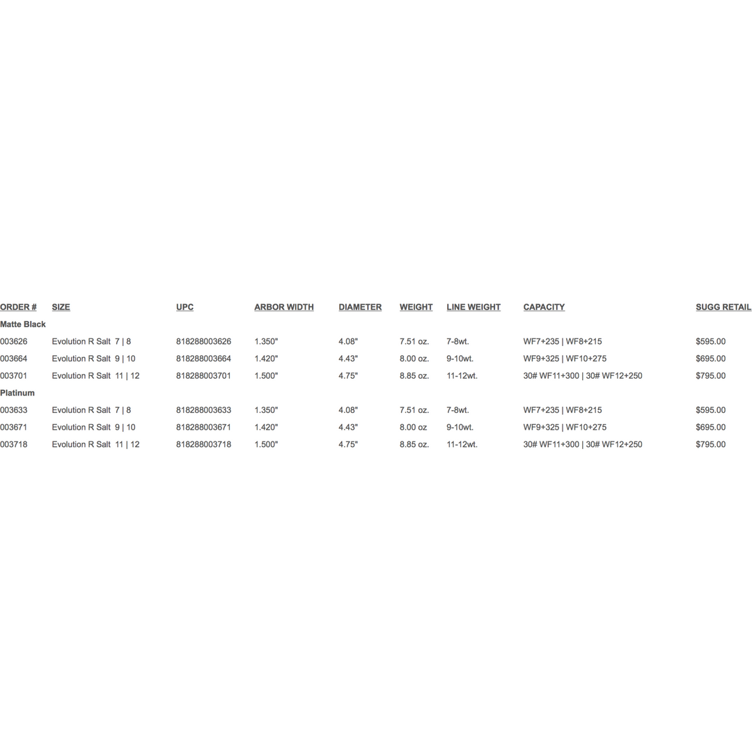 Ross Reels Evolution R Salt size chart showing specs for matte black and platinum models