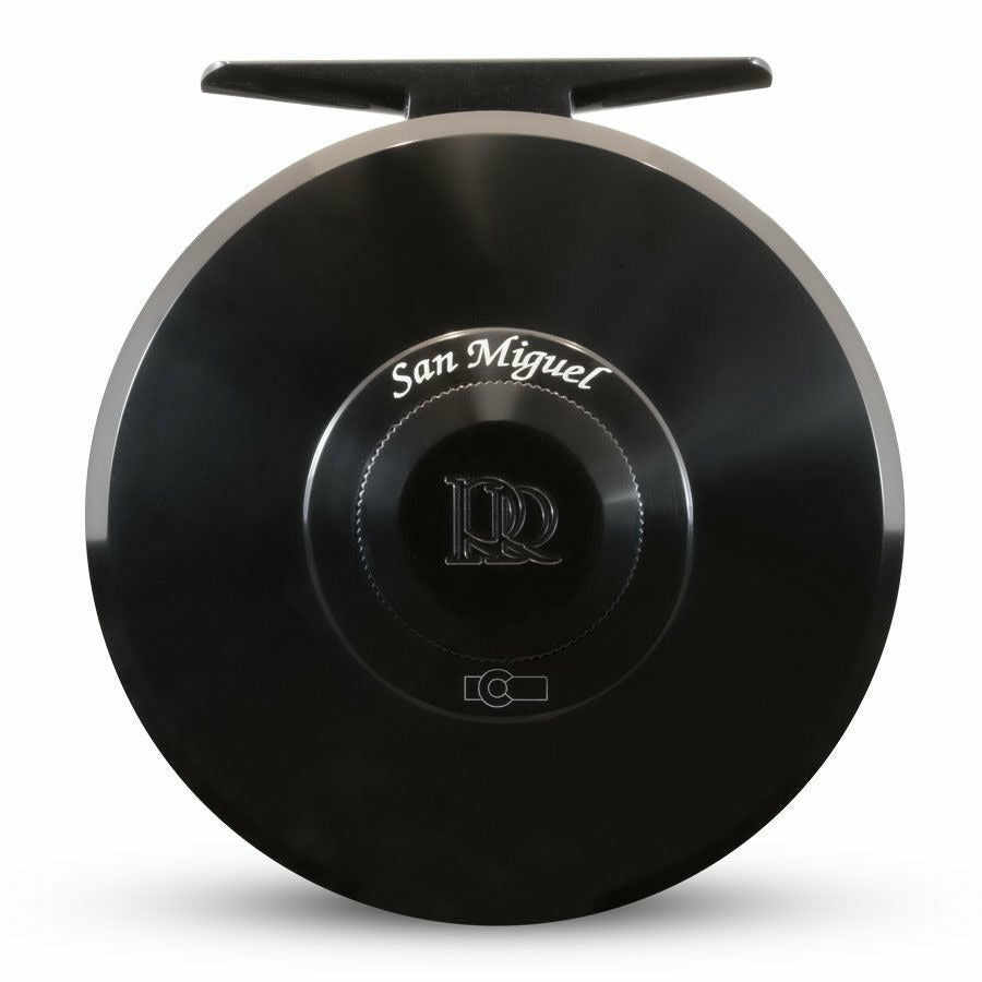 Black glossy Ross San Miguel fly reel solid back with white script text