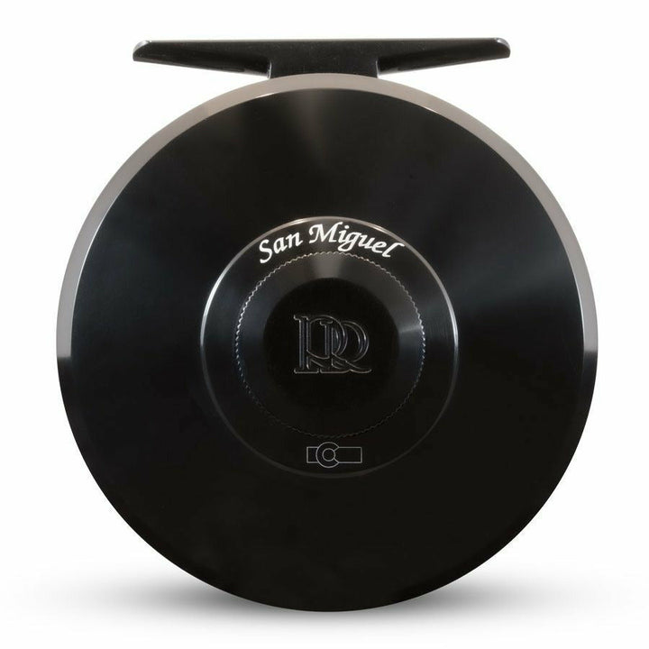 Black glossy Ross San Miguel fly reel solid back with white script text