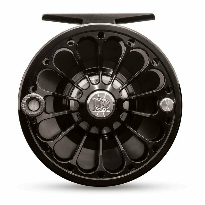 Black Ross San Miguel open face fly reel with silver RR logo medallion