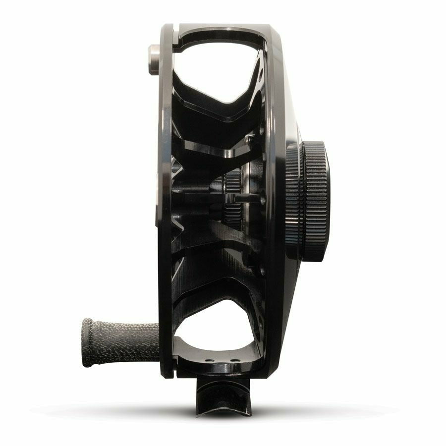 Black glossy Ross San Miguel fly reel side profile with ribbed drag knob