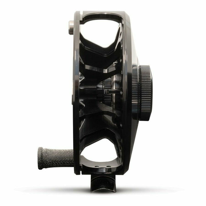 Black glossy Ross San Miguel fly reel side profile with ribbed drag knob