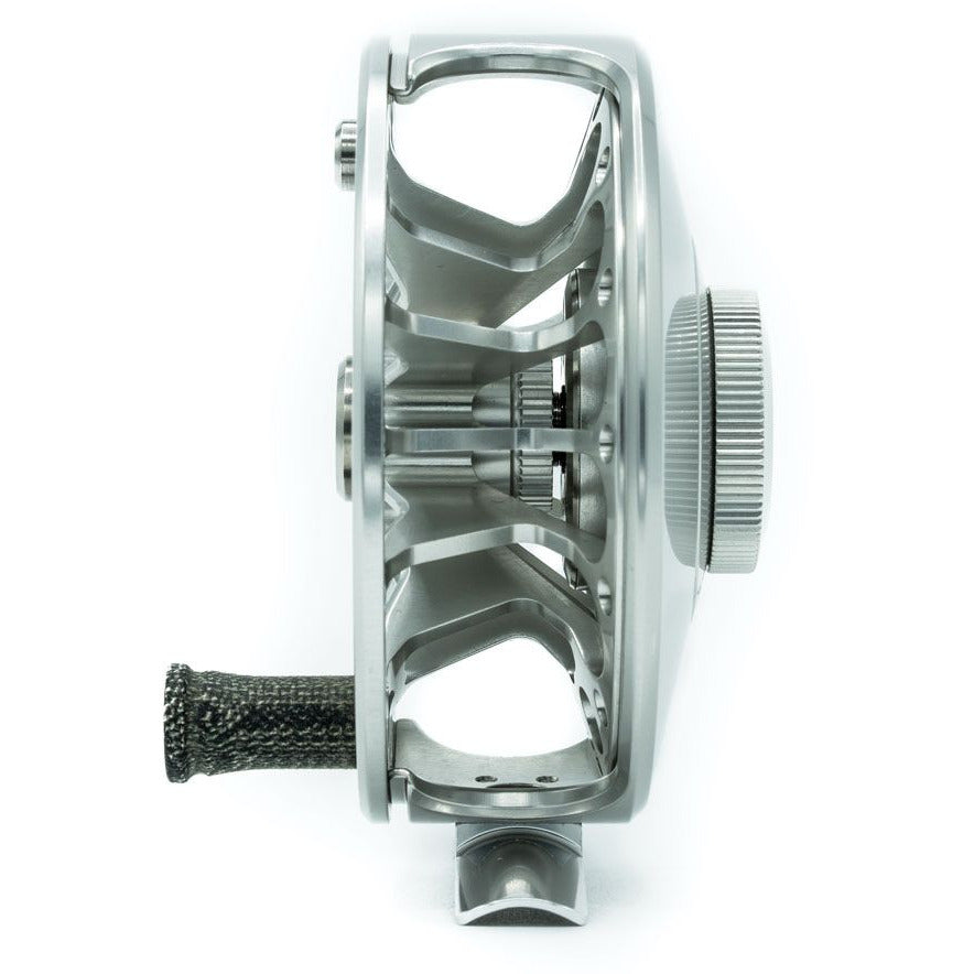 Silver metallic Ross San Miguel fly reel open frame with textured handle