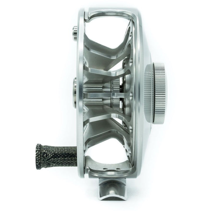 Silver metallic Ross San Miguel fly reel open frame with textured handle