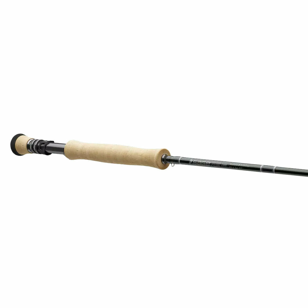 Full assembly of Sage R8 Core fly rod showing cork handle and guides