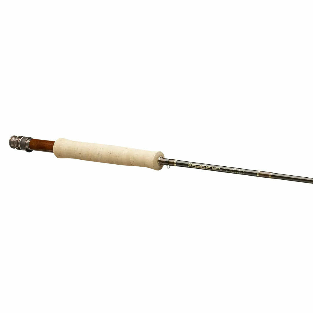 Sage Trout LL fly rod assembled with gold branding and cork grip