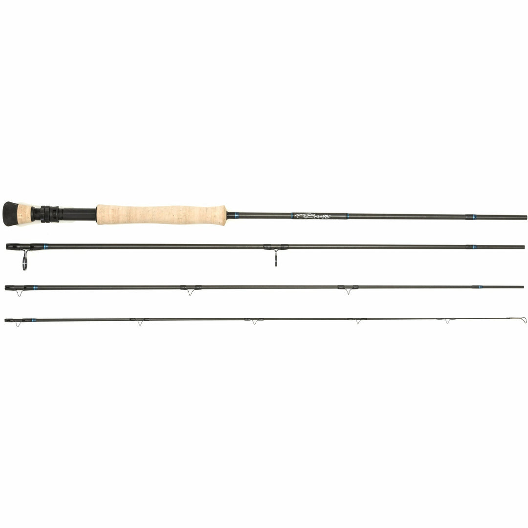 Disassembled four-piece Scott Sector fly rod sections laid out horizontally
