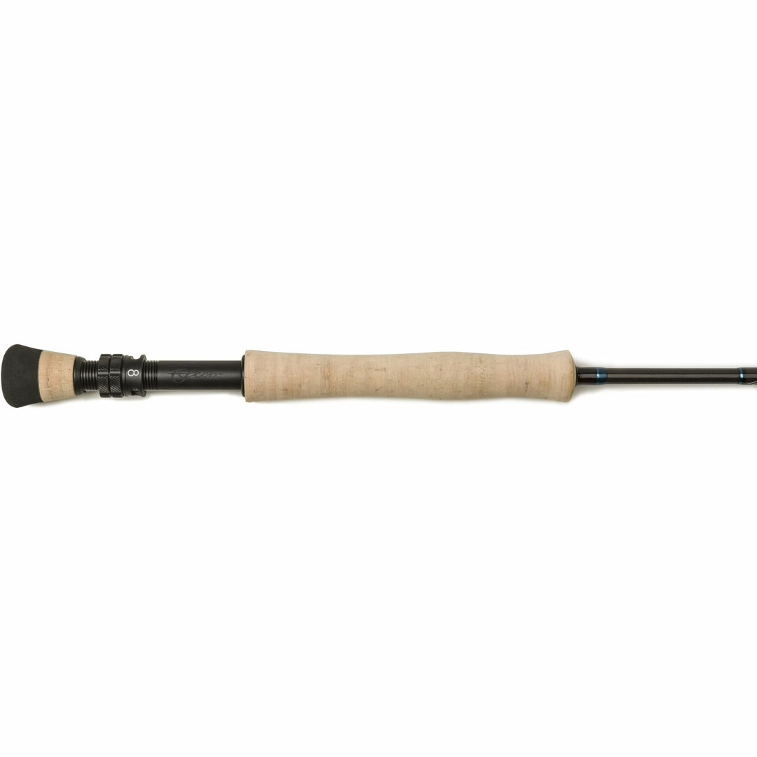 Full view of Scott Sector fly rod featuring tan cork handle and black finish