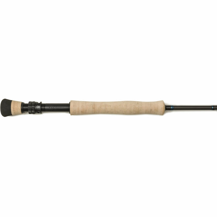 Scott Sector black fly rod with cork pistol grip and blue accent rings