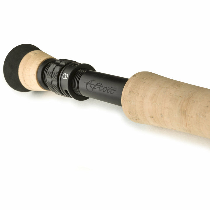 Scott Sector reel seat detail showing infinity logo and debossed signature